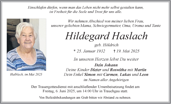 Traueranzeige von Hildegard Haslach von Allgäuer Zeitung, Füssen