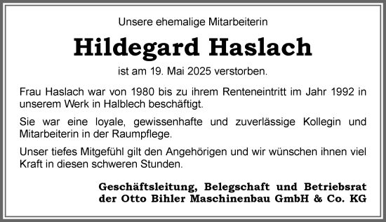 Traueranzeige von Hildegard Haslach von Allgäuer Zeitung, Füssen