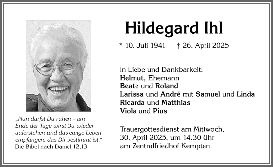 Traueranzeige von Hildegard Ihl von Allgäuer Zeitung,Kempten
