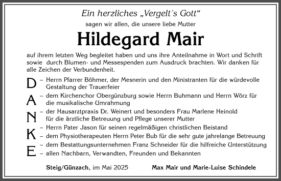 Traueranzeige von Hildegard Mair von Allgäuer Zeitung, Marktoberdorf