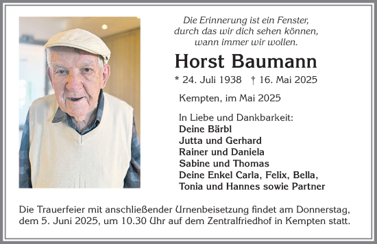 Traueranzeige von Horst Baumann von Allgäuer Zeitung,Kempten