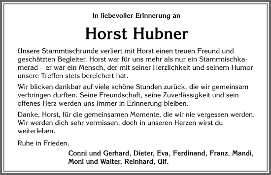 Traueranzeige von Horst Hubner von Allgäuer Zeitung, Kaufbeuren/Buchloe