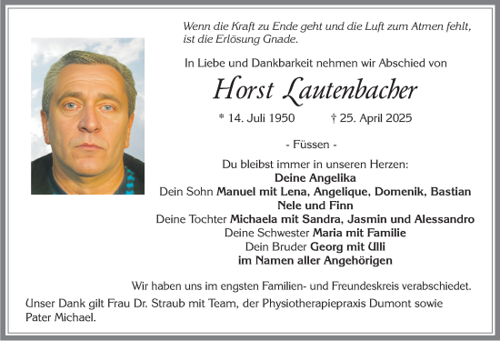 Traueranzeige von Horst Lautenbacher von Allgäuer Zeitung, Füssen