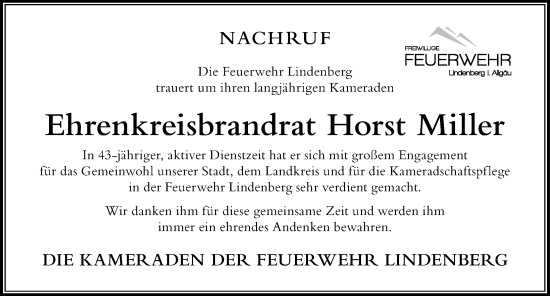 Traueranzeige von Horst Miller von Der Westallgäuer