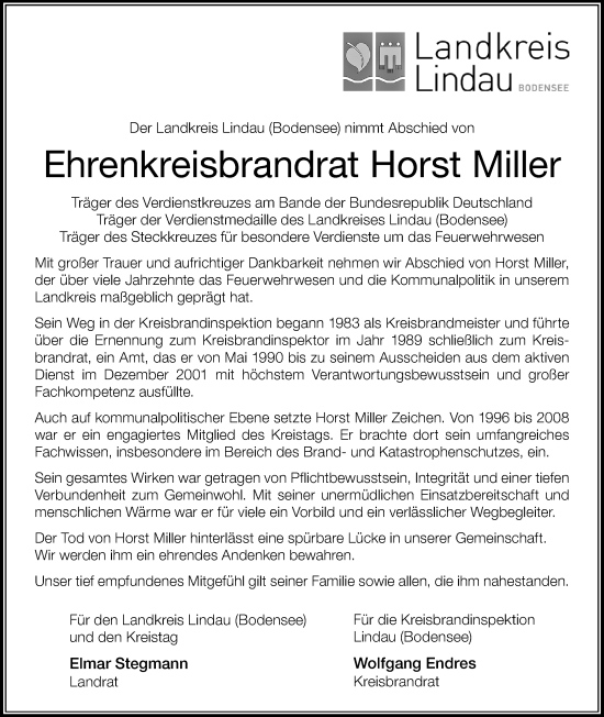 Traueranzeige von Horst Miller von Der Westallgäuer