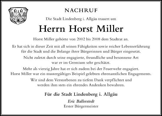 Traueranzeige von Horst Miller von Der Westallgäuer
