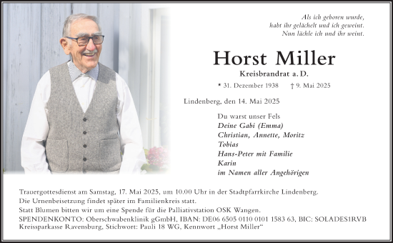 Traueranzeige von Horst Miller von Der Westallgäuer