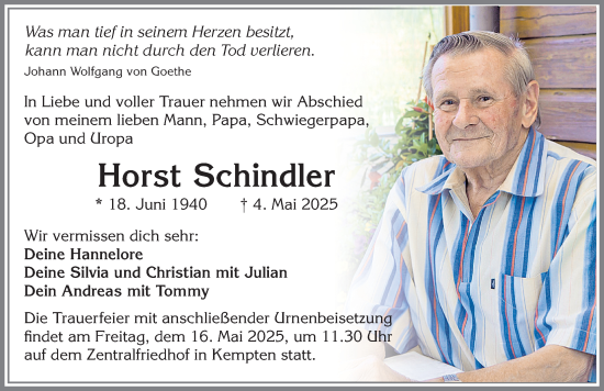 Traueranzeige von Horst Schindler von Allgäuer Zeitung,Kempten