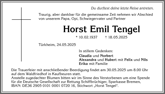 Traueranzeige von Horst Emil Tengel von Allgäuer Zeitung, Kaufbeuren/Buchloe