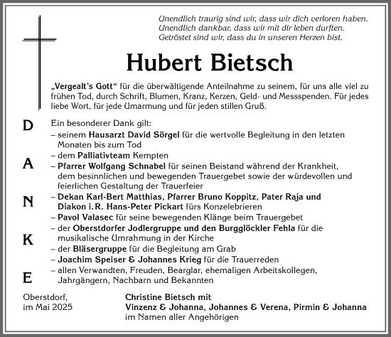 Traueranzeige von Hubert Bietsch von Allgäuer Anzeigeblatt