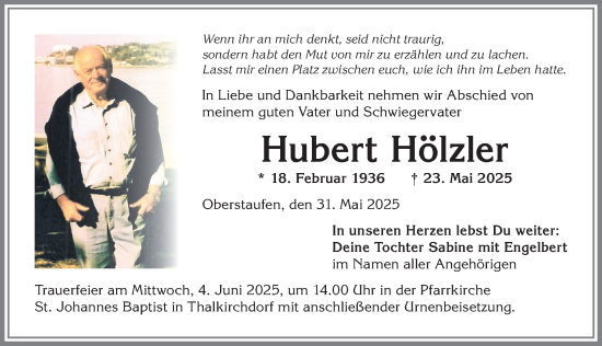 Traueranzeige von Hubert Hölzler von Allgäuer Anzeigeblatt