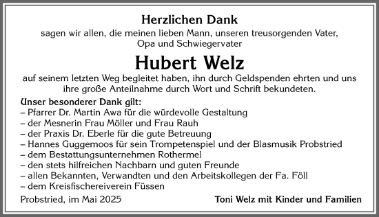 Traueranzeige von Hubert Welz von Allgäuer Zeitung,Kempten