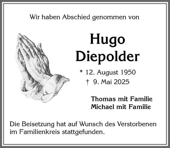 Traueranzeige von Hugo Diepolder von Allgäuer Zeitung,Kempten