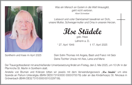 Traueranzeige von Ilse Städele von Memminger Zeitung