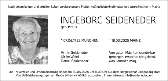 Traueranzeige von Ingeborg Seideneder von Der Westallgäuer