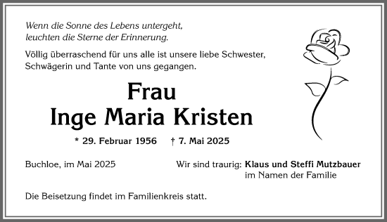 Traueranzeige von Inge Maria Kristen von Allgäuer Zeitung, Kaufbeuren/Buchloe