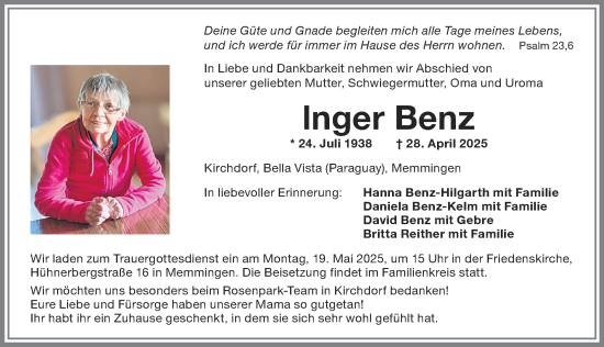 Traueranzeige von Inger Benz von Memminger Zeitung