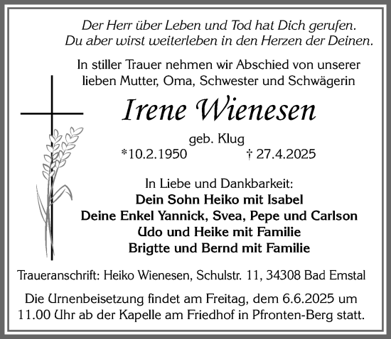 Traueranzeige von Irene Wienesen von Allgäuer Zeitung, Füssen
