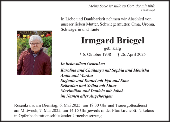 Traueranzeige von Irmgard Briegel von Der Westallgäuer
