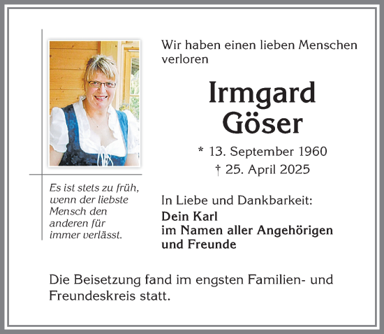 Traueranzeige von Irmgard Göser von Allgäuer Zeitung,Kempten