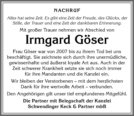 Traueranzeige von Irmgard Göser von Allgäuer Anzeigeblatt