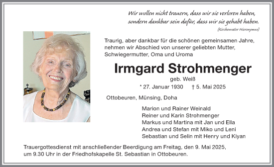 Traueranzeige von Irmgard Strohmenger von Memminger Zeitung