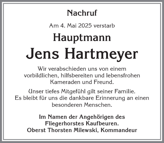 Traueranzeige von Jens Hartmeyer von Allgäuer Zeitung, Kaufbeuren/Buchloe
