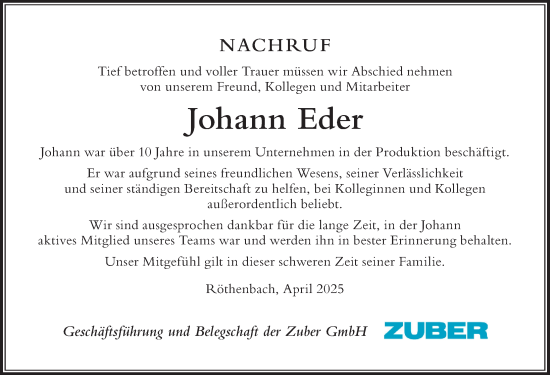 Traueranzeige von Johann Eder von Der Westallgäuer