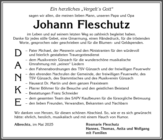 Traueranzeige von Johann Fleschutz von Allgäuer Zeitung, Marktoberdorf