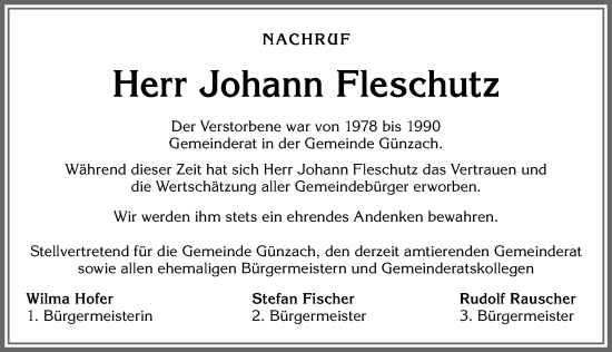 Traueranzeige von Johann Fleschutz von Allgäuer Zeitung, Marktoberdorf