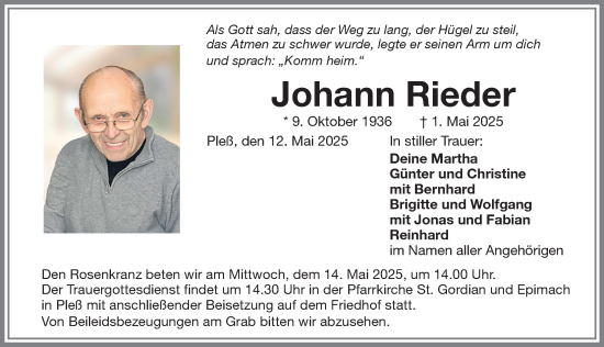 Traueranzeige von Johann Rieder von Memminger Zeitung