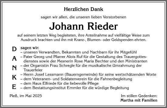 Traueranzeige von Johann Rieder von Memminger Zeitung