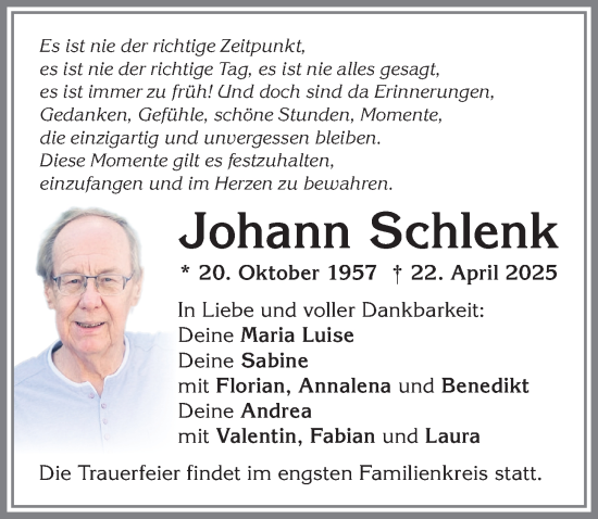 Traueranzeige von Johann Schlenk von Allgäuer Zeitung, Kaufbeuren/Buchloe