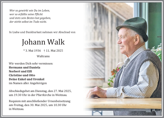 Traueranzeige von Johann Walk von Allgäuer Zeitung,Kempten