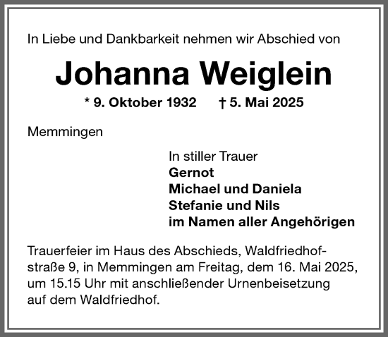 Traueranzeige von Johanna Weiglein von Memminger Zeitung