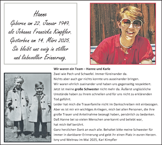 Traueranzeige von Johanna Franziska Kimpfler von Der Westallgäuer