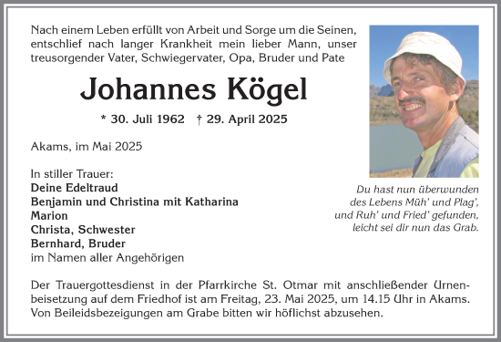 Traueranzeige von Johannes Kögel von Allgäuer Anzeigeblatt