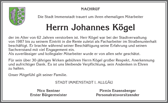 Traueranzeige von Johannes Kögel von Allgäuer Anzeigeblatt
