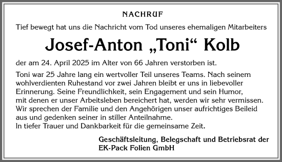 Traueranzeige von Josef-Anton Kolb von Allgäuer Zeitung,Kempten