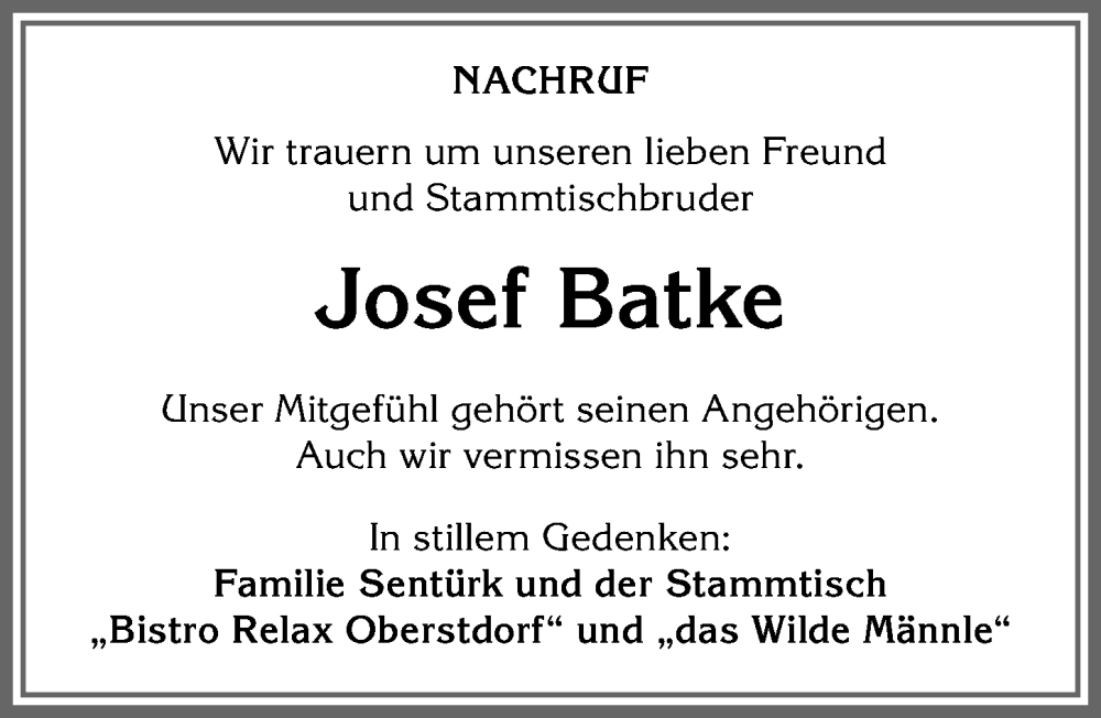 Traueranzeige für Josef Batke vom 24.05.2025 aus Allgäuer Anzeigeblatt