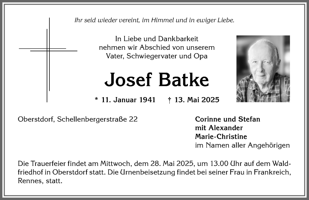  Traueranzeige für Josef Batke vom 24.05.2025 aus Allgäuer Anzeigeblatt