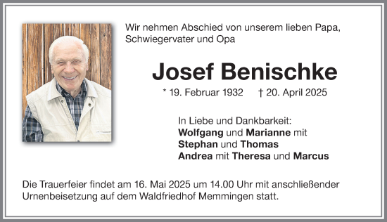 Traueranzeige von Josef Benischke von Memminger Zeitung