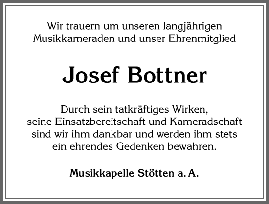 Traueranzeige von Josef Bottner von Allgäuer Zeitung, Marktoberdorf