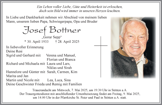 Traueranzeige von Josef Bottner von Allgäuer Zeitung, Marktoberdorf