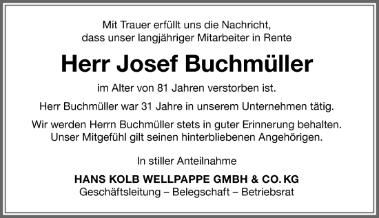 Traueranzeige von Josef Buchmüller von Memminger Zeitung