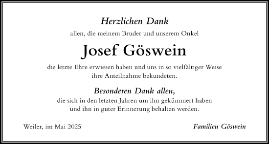 Traueranzeige von Josef Göswein von Der Westallgäuer