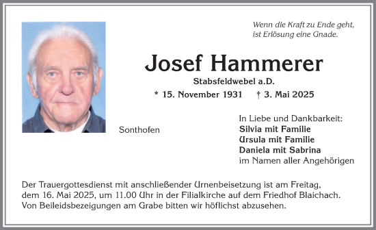 Traueranzeige von Josef Hammerer von Allgäuer Anzeigeblatt