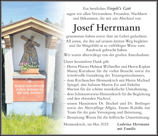 Traueranzeige von Josef Herrmann von Der Westallgäuer