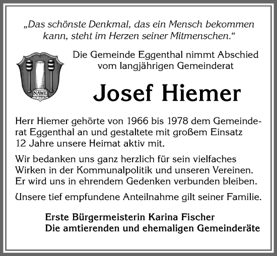 Traueranzeige von Josef Hiemer von Allgäuer Zeitung, Kaufbeuren/Buchloe