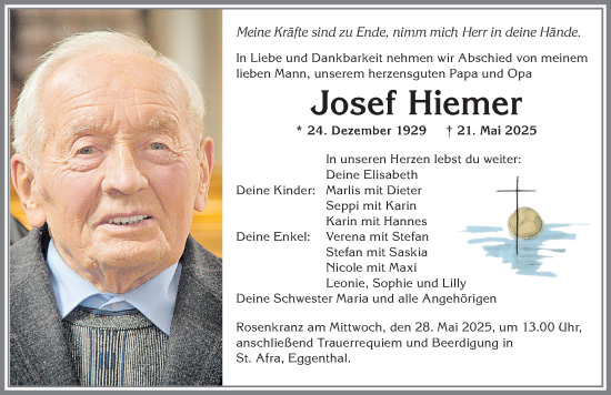 Traueranzeige von Josef Hiemer von Allgäuer Zeitung, Kaufbeuren/Buchloe